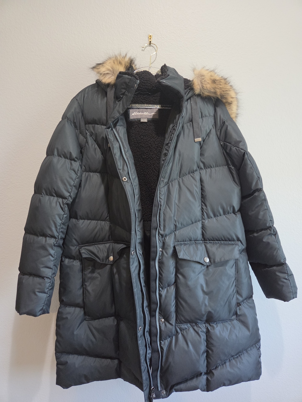 Eddie Bauer Black Quilted Down Parka with Faux Fur Hood